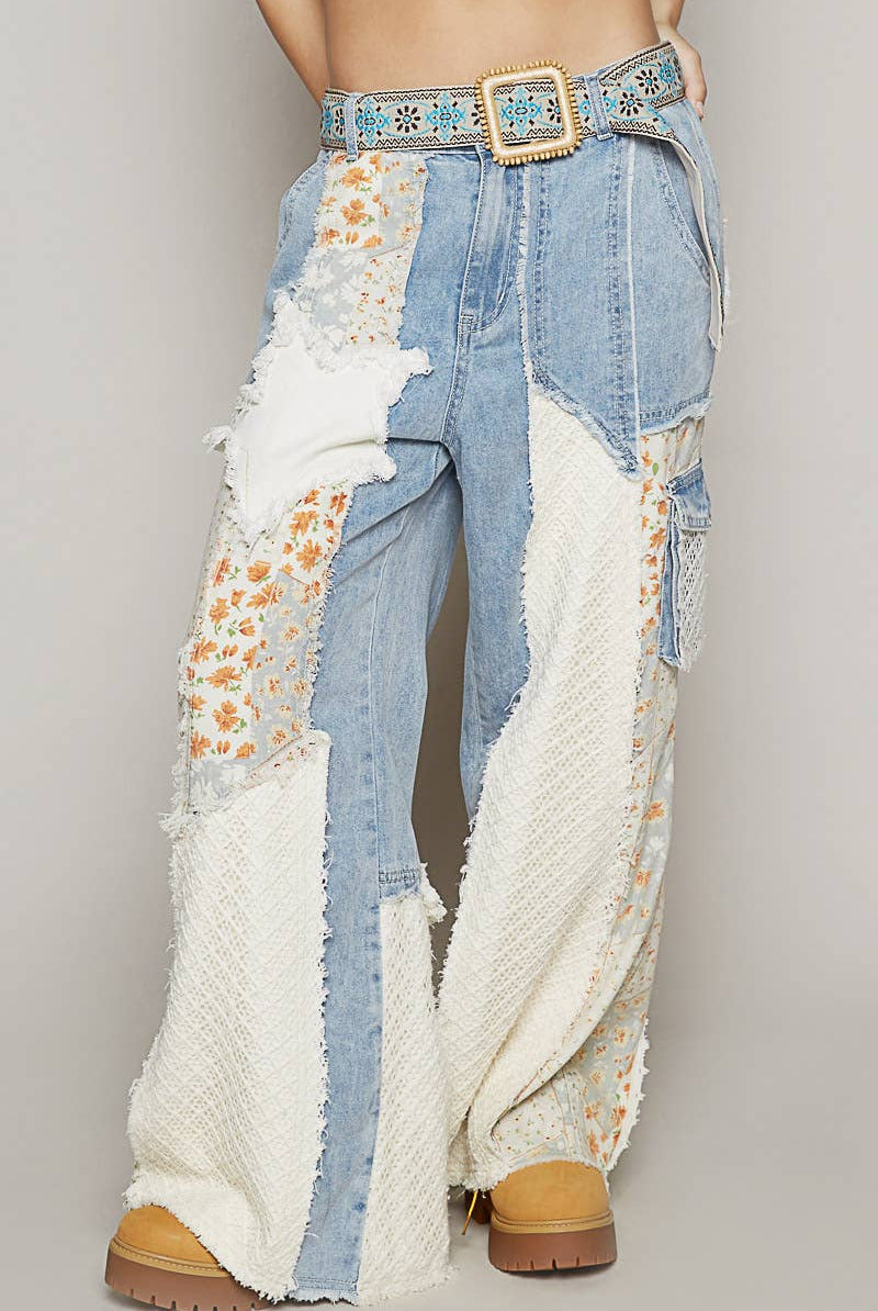 Printed Patchwork Star Detail Woven Twill Pants Jeans-Jeans-Pol Clothing-Stuffology - Where Vintage Meets Modern, A Boutique for Real Women in Crosbyton, TX