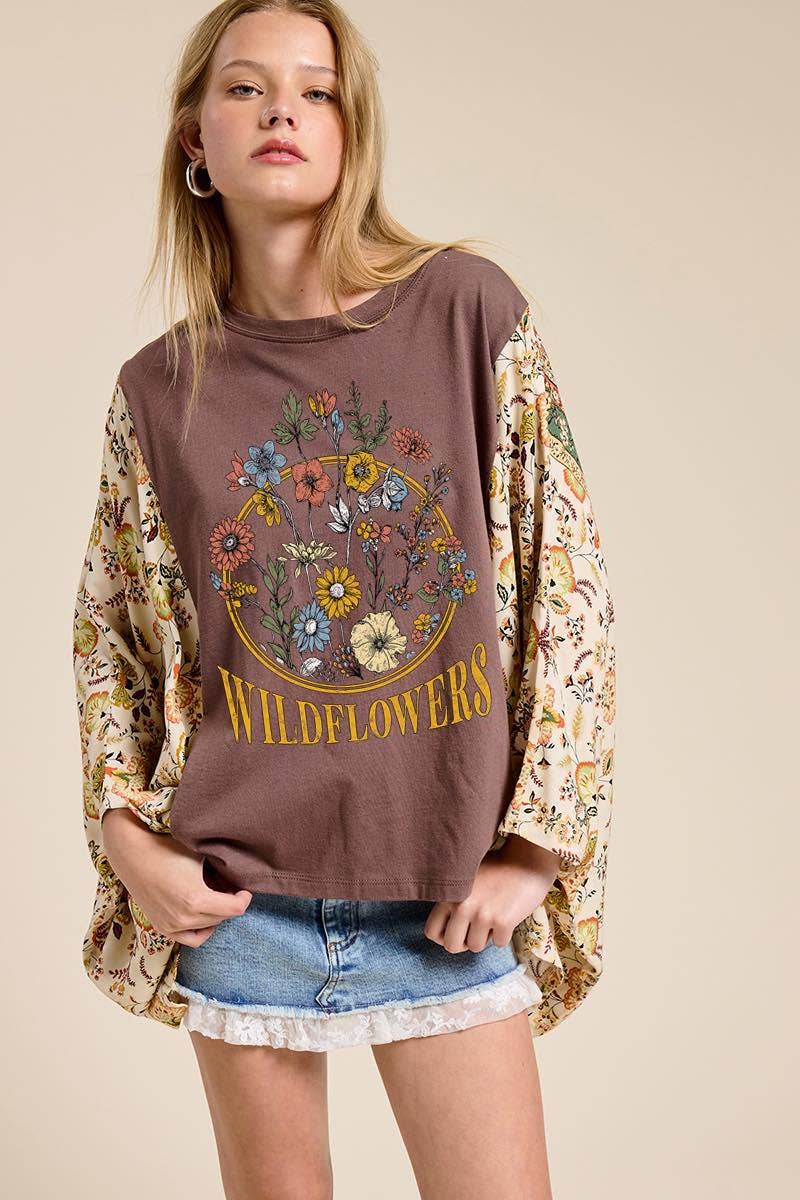 Wildflowers Vintage Graphic Rustic Contrast Poncho Top-Graphic Tees-Zutter-Stuffology - Where Vintage Meets Modern, A Boutique for Real Women in Crosbyton, TX