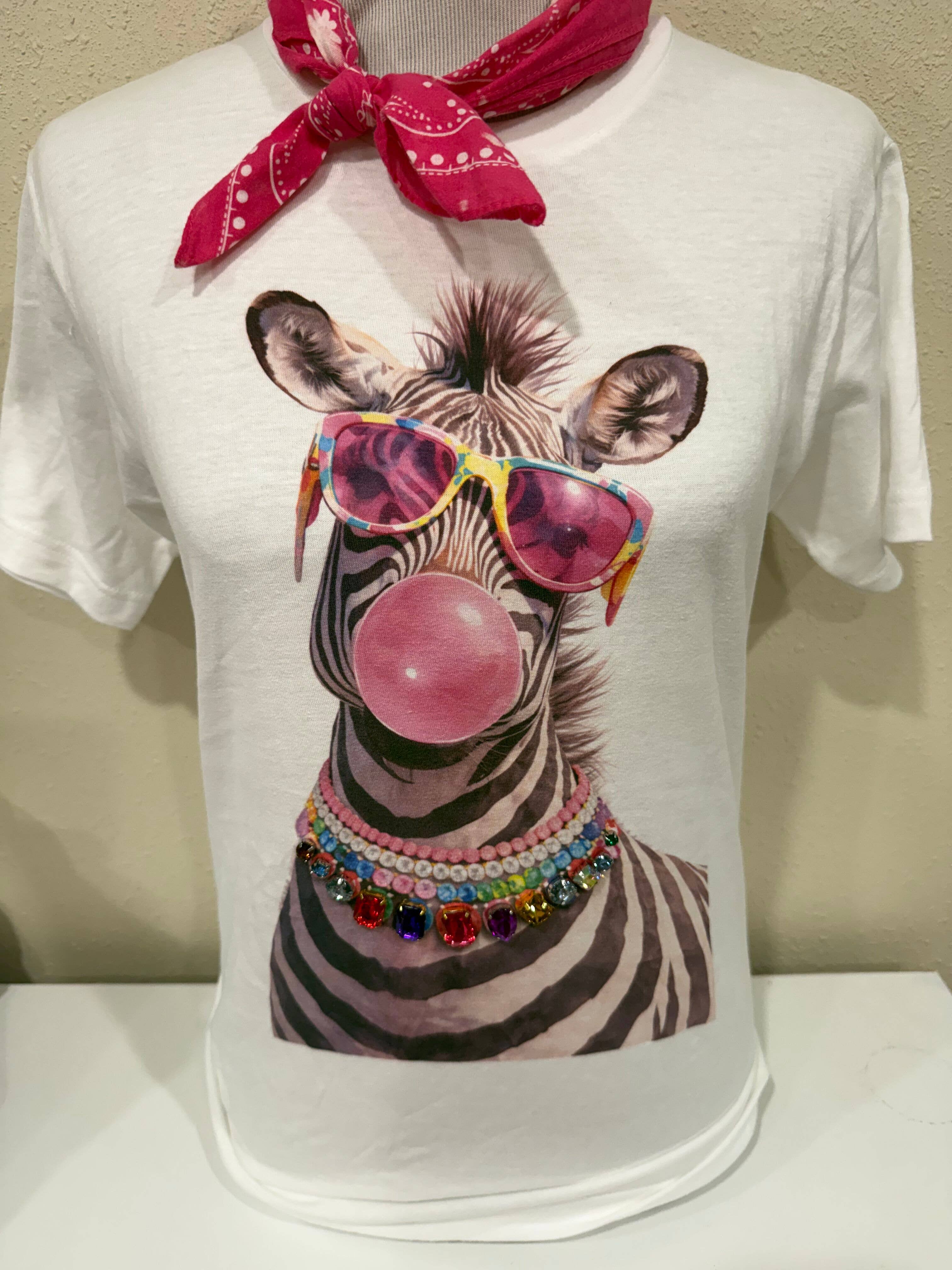 Jeweled Collar Bubble Gum Zebra Graphic Tee-Graphic Tees-Bling-A-GoGo, LLC-Stuffology - Where Vintage Meets Modern, A Boutique for Real Women in Crosbyton, TX