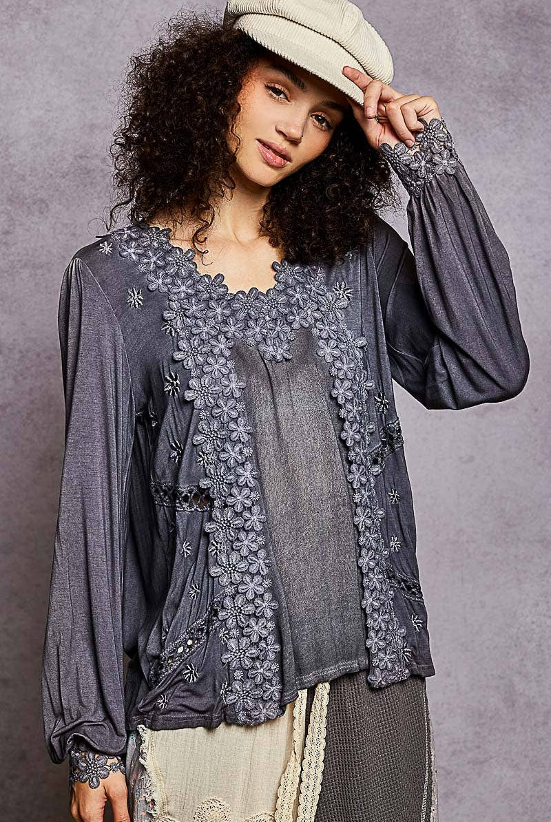 Long Sleeve Contrast Floral Lace Crochet V-Neck Top-Pol Clothing-Stuffology - Where Vintage Meets Modern, A Boutique for Real Women in Crosbyton, TX