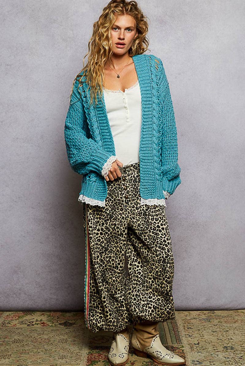 V neck lace trim solid acrylic sweater open cardigan top-Pol Clothing-Stuffology - Where Vintage Meets Modern, A Boutique for Real Women in Crosbyton, TX