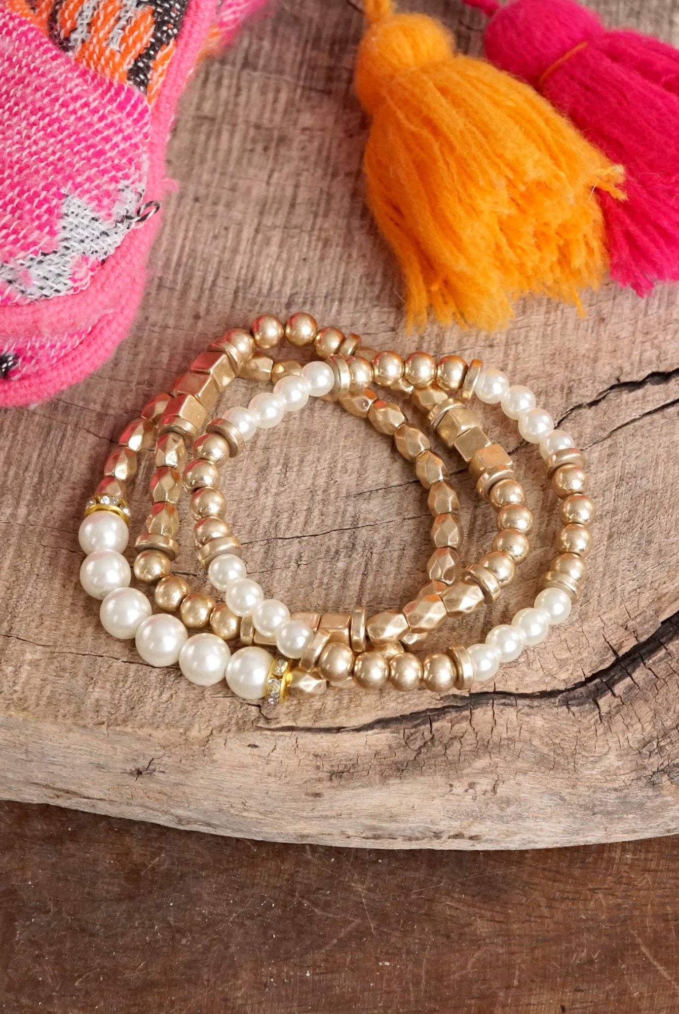 Pearls and Antique Gold Beaded Bracelet Set-Bracelets-PennyLine inc-Stuffology - Where Vintage Meets Modern, A Boutique for Real Women in Crosbyton, TX