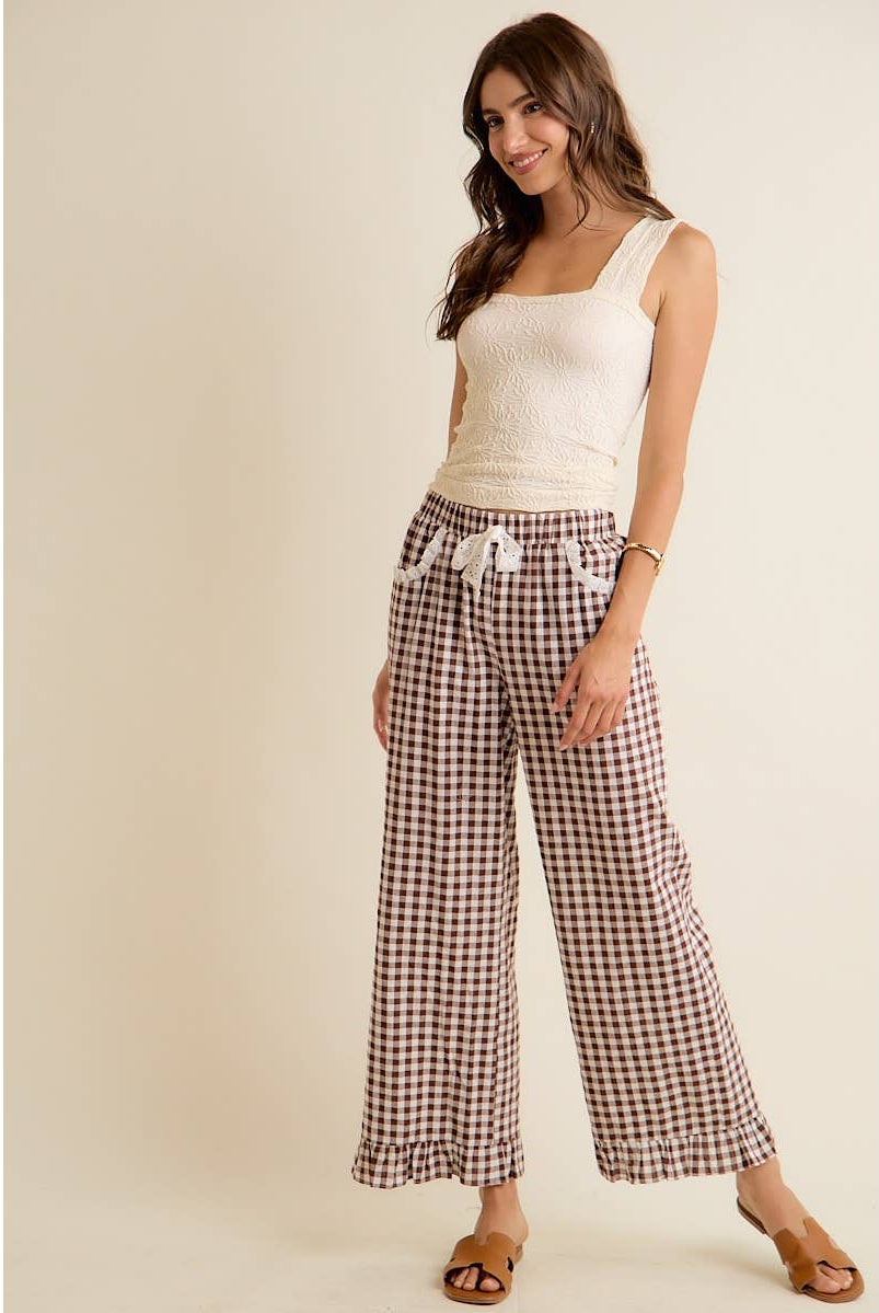 GINGHAM LACE RUFFLED PULL ON PANTS-So Me-Stuffology - Where Vintage Meets Modern, A Boutique for Real Women in Crosbyton, TX