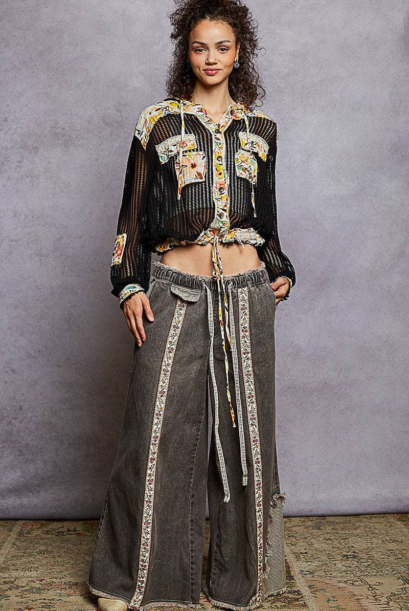 Vintage washed Black Floral Print Patch Crochet Jacket-Jackets-Pol Clothing-Stuffology - Where Vintage Meets Modern, A Boutique for Real Women in Crosbyton, TX