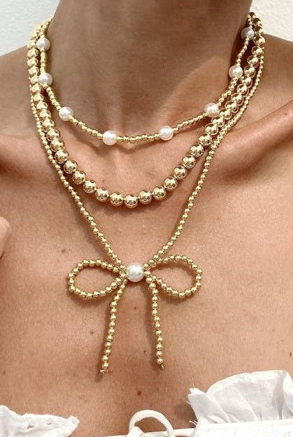 MULTILAYER BALL CHAIN BEAD PEARL BOW NECKLACE | 40NK9455-Necklaces-JOSSLYN by wall to wall-Stuffology - Where Vintage Meets Modern, A Boutique for Real Women in Crosbyton, TX