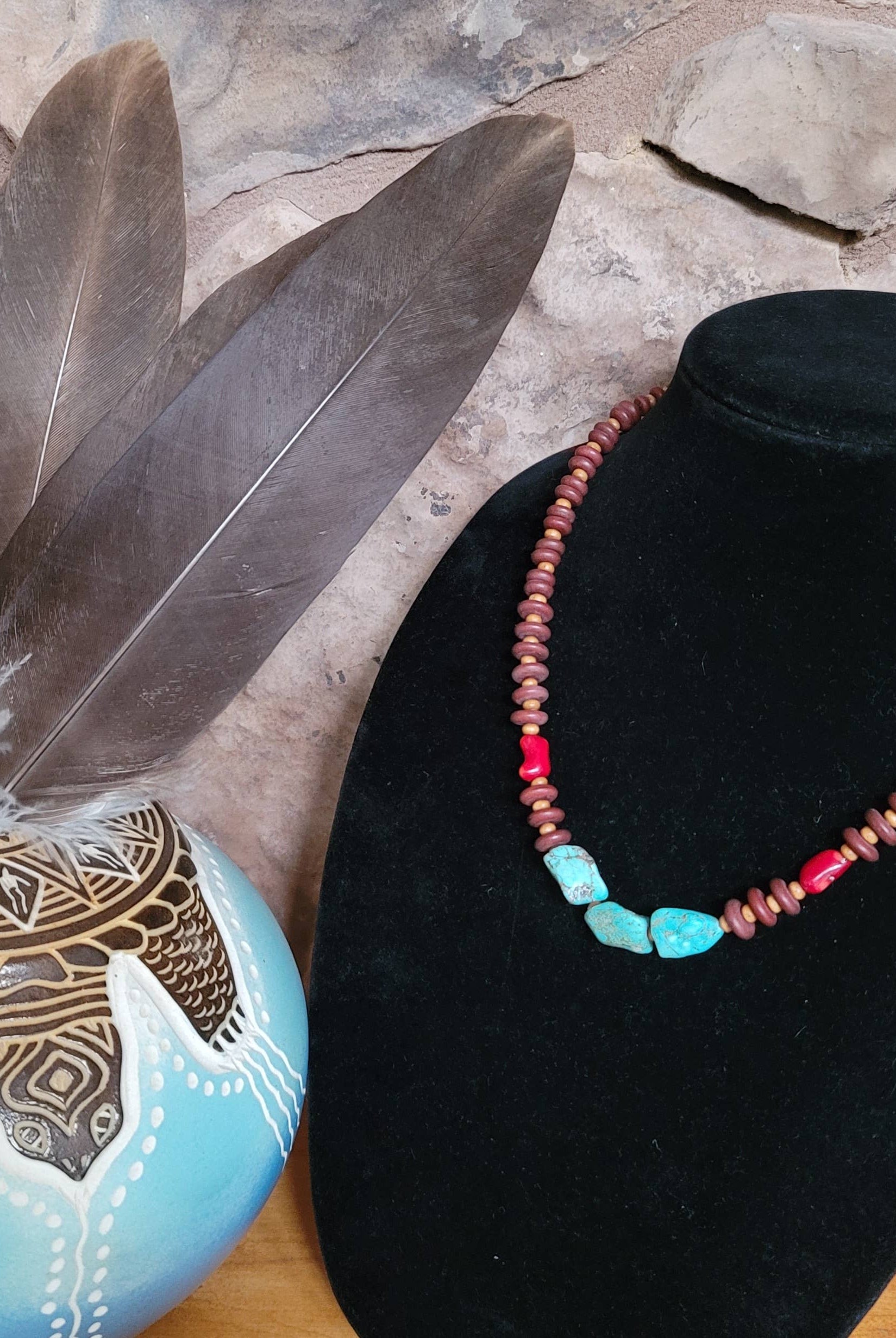 Turquoise, Coral Necklace, wood beads Native American made-Necklaces-Horse Spirit Studio-Stuffology - Where Vintage Meets Modern, A Boutique for Real Women in Crosbyton, TX