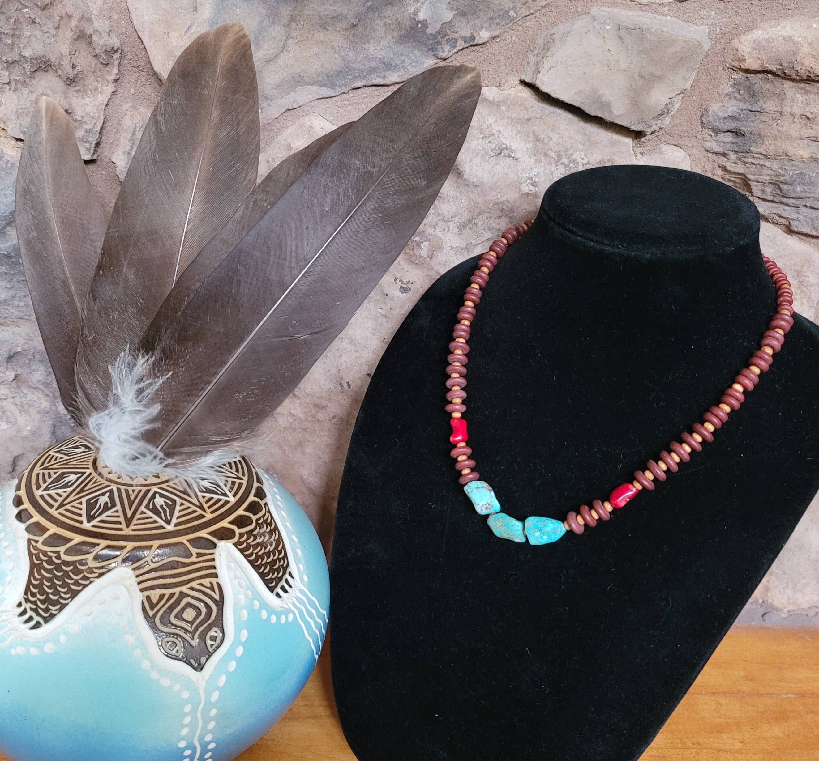 Turquoise, Coral Necklace, wood beads Native American made-Necklaces-Horse Spirit Studio-Stuffology - Where Vintage Meets Modern, A Boutique for Real Women in Crosbyton, TX