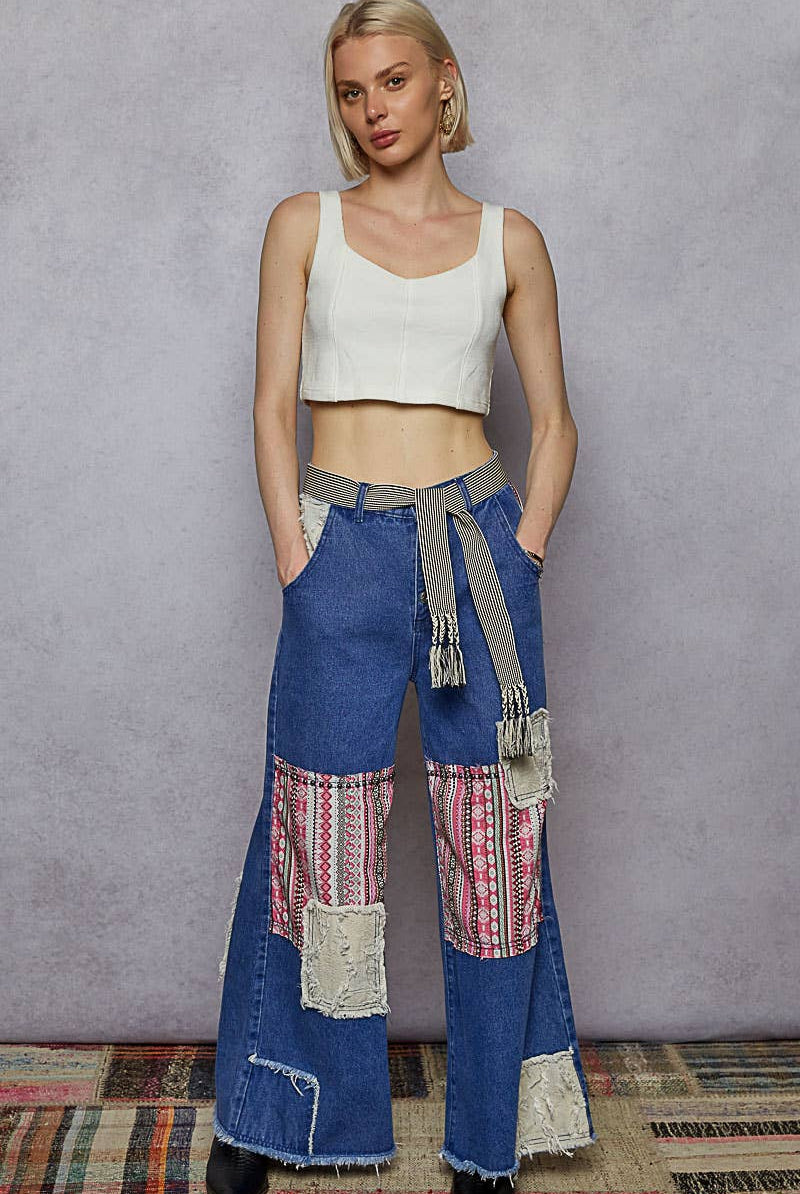 POL Clothing Boho Patchwork Denim Wide Leg Jeans-Jeans-Pol Clothing-Stuffology - Where Vintage Meets Modern, A Boutique for Real Women in Crosbyton, TX
