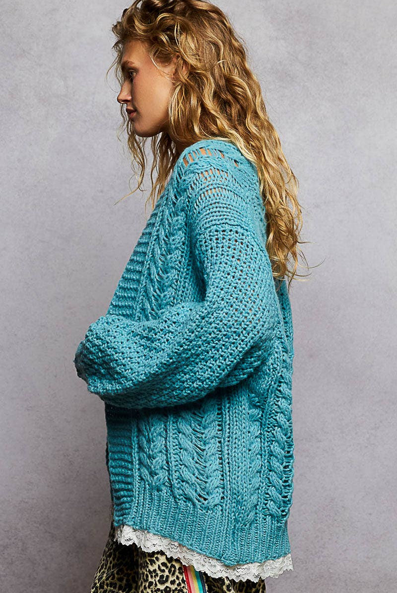 V neck lace trim solid acrylic sweater open cardigan top-Pol Clothing-Stuffology - Where Vintage Meets Modern, A Boutique for Real Women in Crosbyton, TX