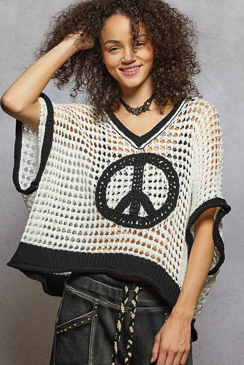 Oversize Boho Peace Crochet Top - Black & White-Crochet Top-Pol Clothing-Stuffology - Where Vintage Meets Modern, A Boutique for Real Women in Crosbyton, TX