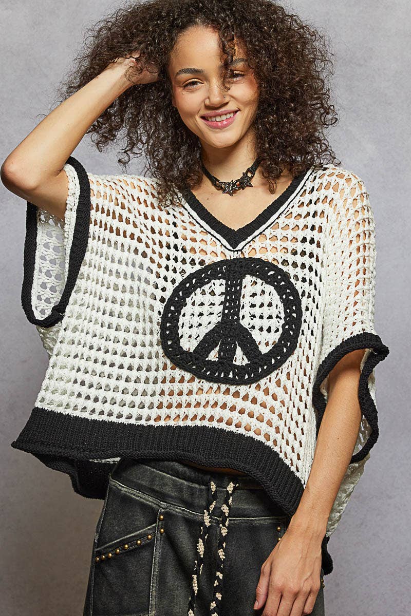 Oversize Boho Peace Crochet Top - Black & White-Crochet Top-Pol Clothing-Stuffology - Where Vintage Meets Modern, A Boutique for Real Women in Crosbyton, TX