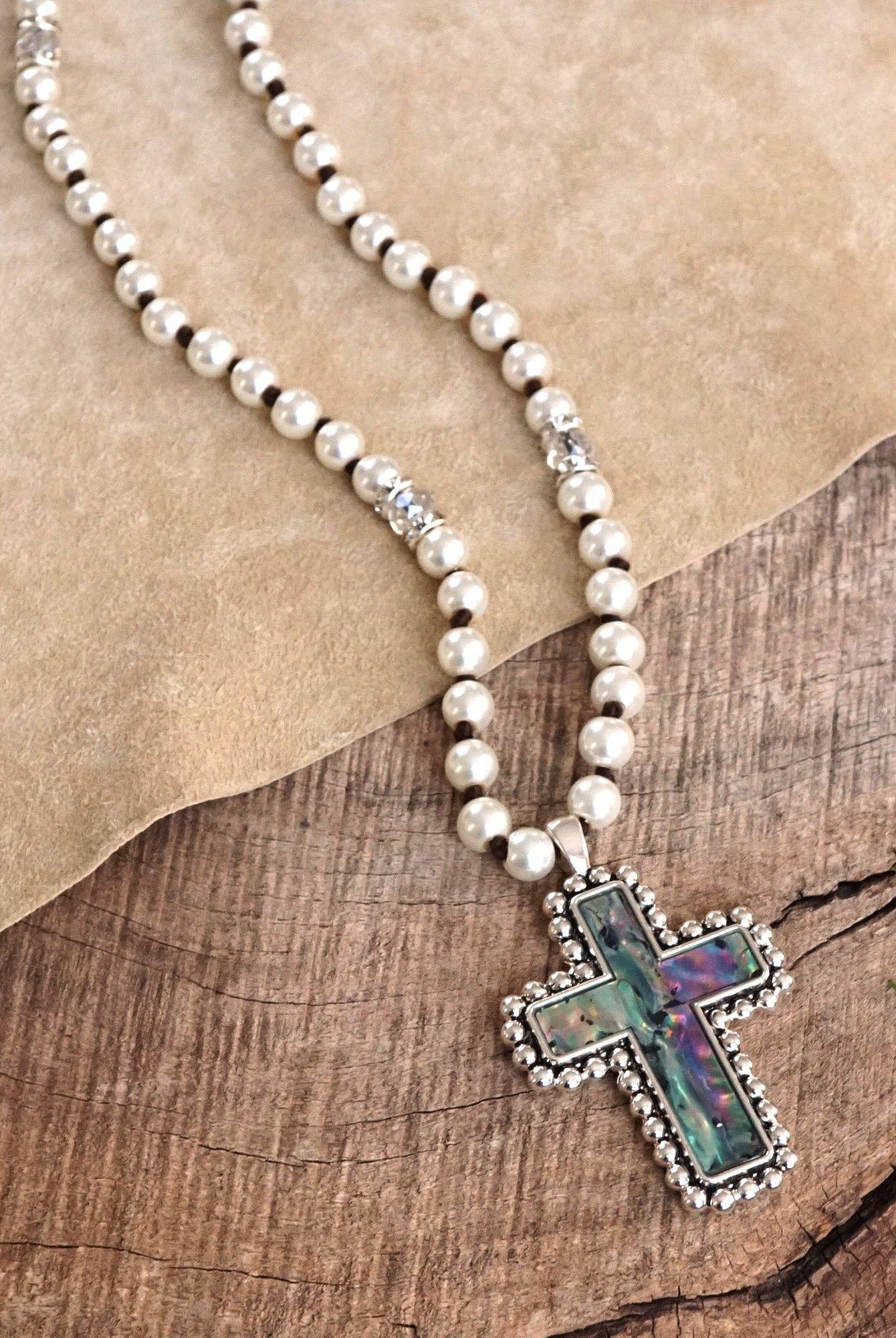 Pearlized beads Necklace with Cross and Clover pendant Mother of Pearl Abalone-PennyLine inc-Stuffology - Where Vintage Meets Modern, A Boutique for Real Women in Crosbyton, TX