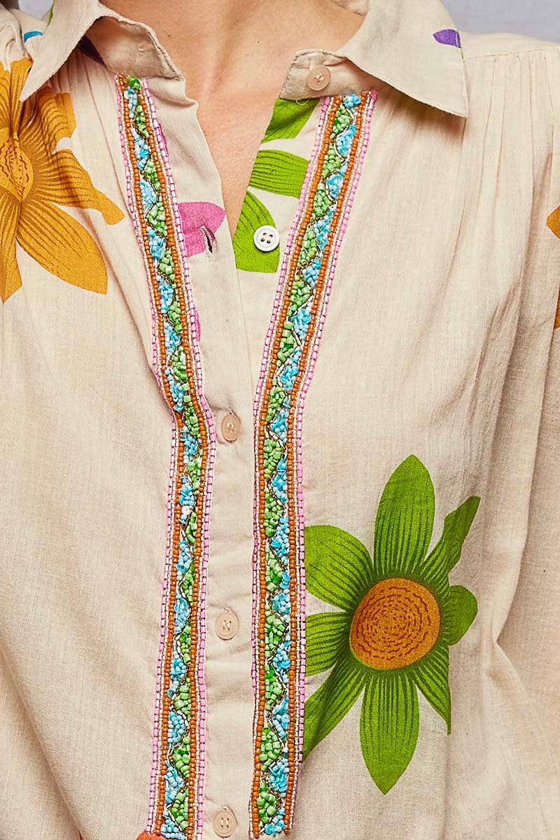 Long Sleeve Shirred Shoulder Beads Floral Print Shirt Dress-Dresses-Pol Clothing-Stuffology - Where Vintage Meets Modern, A Boutique for Real Women in Crosbyton, TX