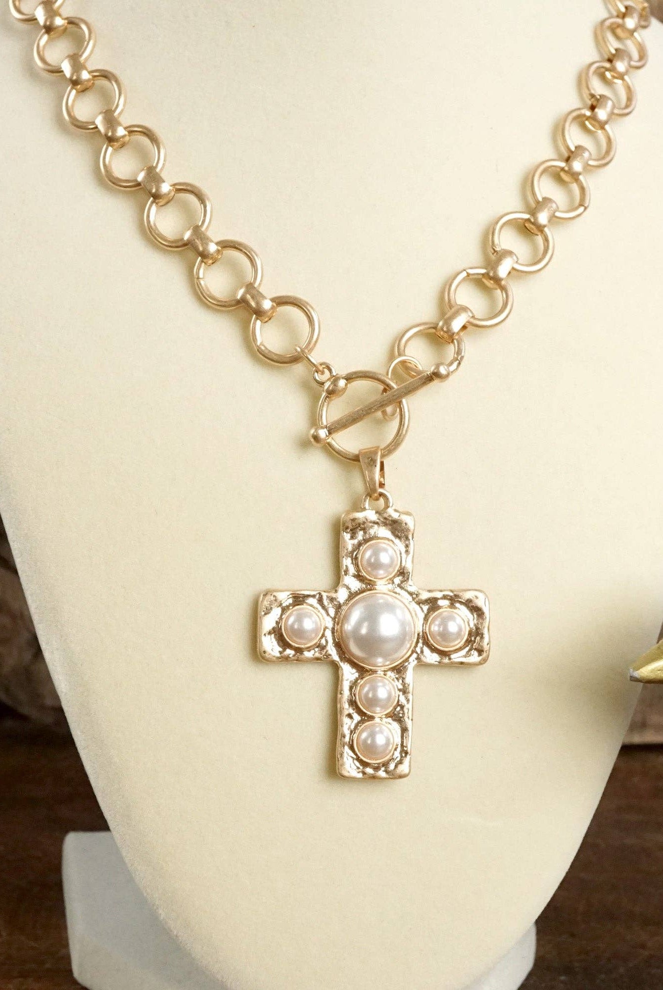 Primitive Cross Necklace – Worn Gold Tone with Acrylic Turquoise or Pearl Cabochons-PennyLine inc-Stuffology - Where Vintage Meets Modern, A Boutique for Real Women in Crosbyton, TX