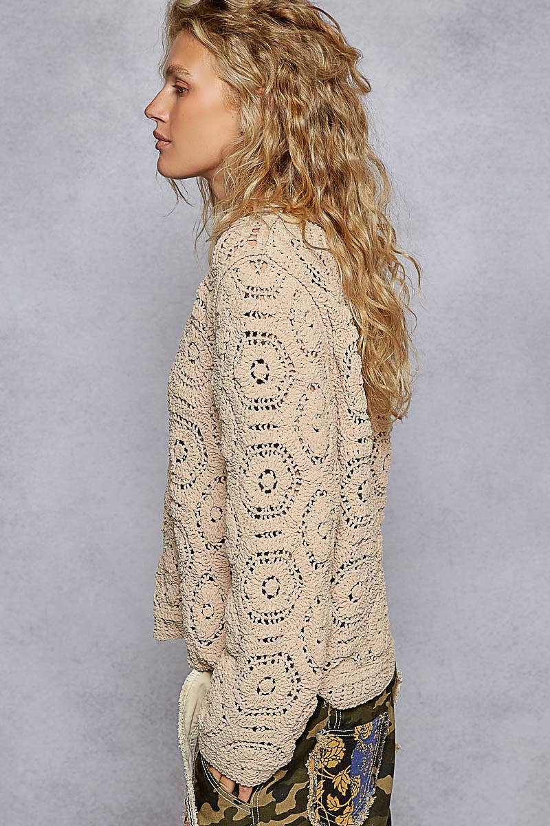 Round neck open knitted crochet solid sweater-Sweaters-Pol Clothing-Stuffology - Where Vintage Meets Modern, A Boutique for Real Women in Crosbyton, TX