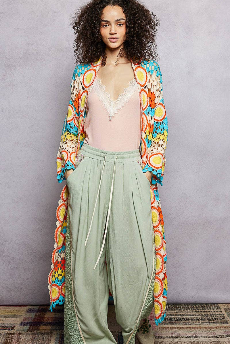 POL Clothing - Crochet Stripe Open-Knit Scalloped Long Sleeve Cardigan-Sweater Cardigan-Pol Clothing-Stuffology - Where Vintage Meets Modern, A Boutique for Real Women in Crosbyton, TX