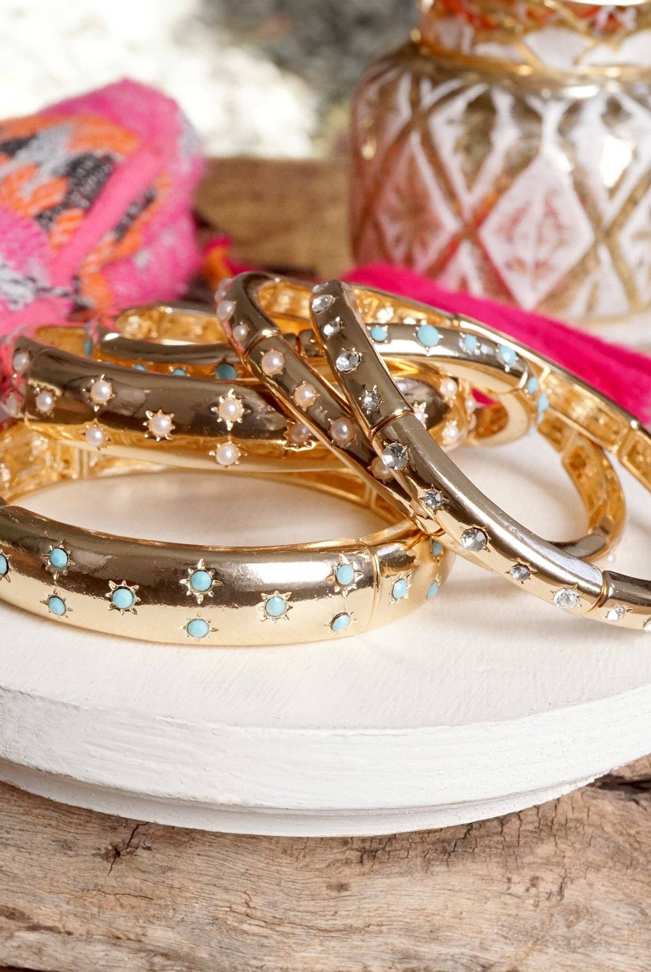 Gold-Tone Eternity Stretch Bangle – Pearls, Turquoise, or Crystals-Bracelets-PennyLine inc-Stuffology - Where Vintage Meets Modern, A Boutique for Real Women in Crosbyton, TX