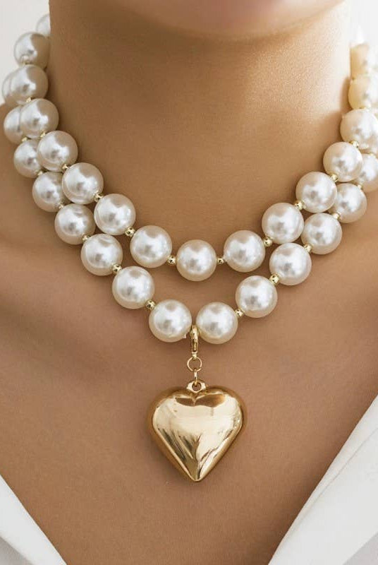 LUSTROUS PEARL BEADED LAYERED HEART NECKLACE-Necklaces-JOSSLYN by wall to wall-Stuffology - Where Vintage Meets Modern, A Boutique for Real Women in Crosbyton, TX