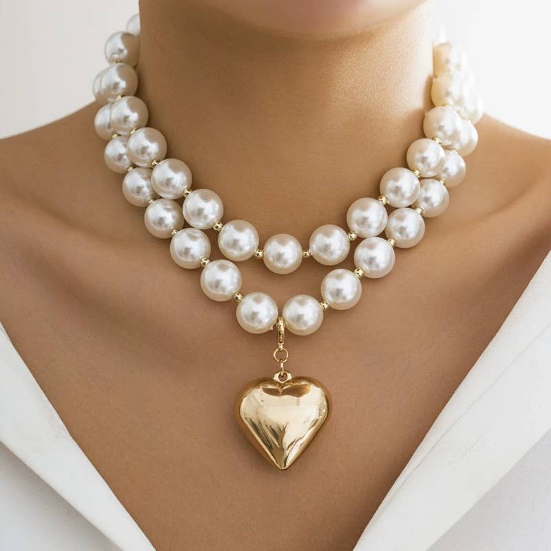 LUSTROUS PEARL BEADED LAYERED HEART NECKLACE | 40NK9456-JOSSLYN by wall to wall-Stuffology - Where Vintage Meets Modern, A Boutique for Real Women in Crosbyton, TX