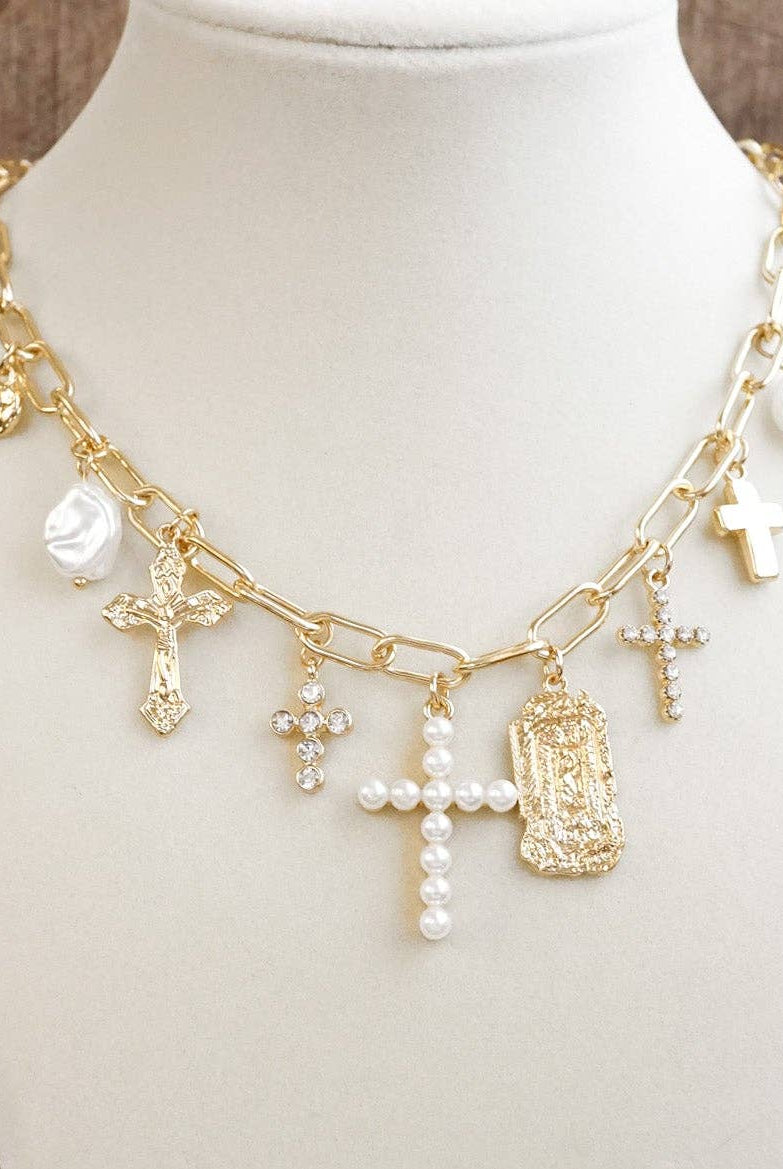 Radiant Faith – Mixed Charm Cascade Necklace in Gold Tone-Necklaces-PennyLine inc-Stuffology - Where Vintage Meets Modern, A Boutique for Real Women in Crosbyton, TX