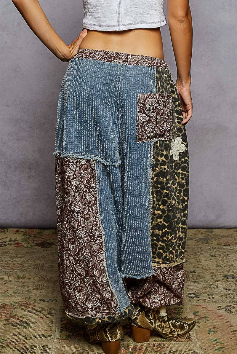 Crochet patch detail contrast patchwork printed woven pants-Pants-Pol Clothing-Stuffology - Where Vintage Meets Modern, A Boutique for Real Women in Crosbyton, TX