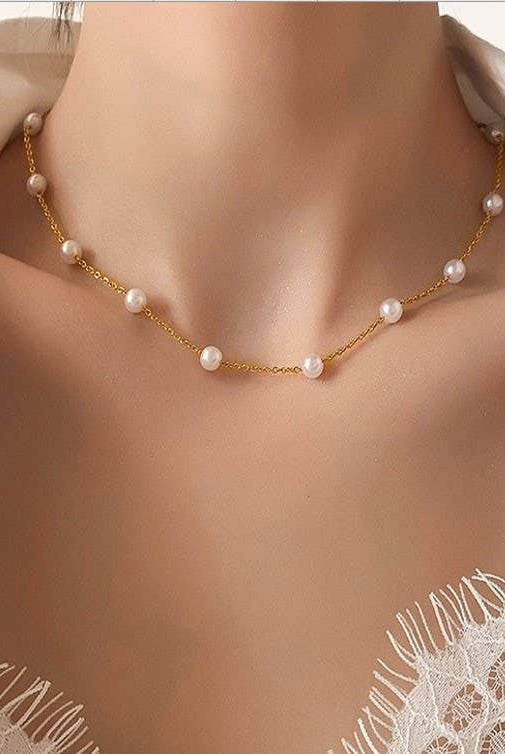 TITANIUM STEEL NON-TARNISH PEARL STATION NECKLACE | 40NK334-Necklaces-JOSSLYN by wall to wall-Stuffology - Where Vintage Meets Modern, A Boutique for Real Women in Crosbyton, TX