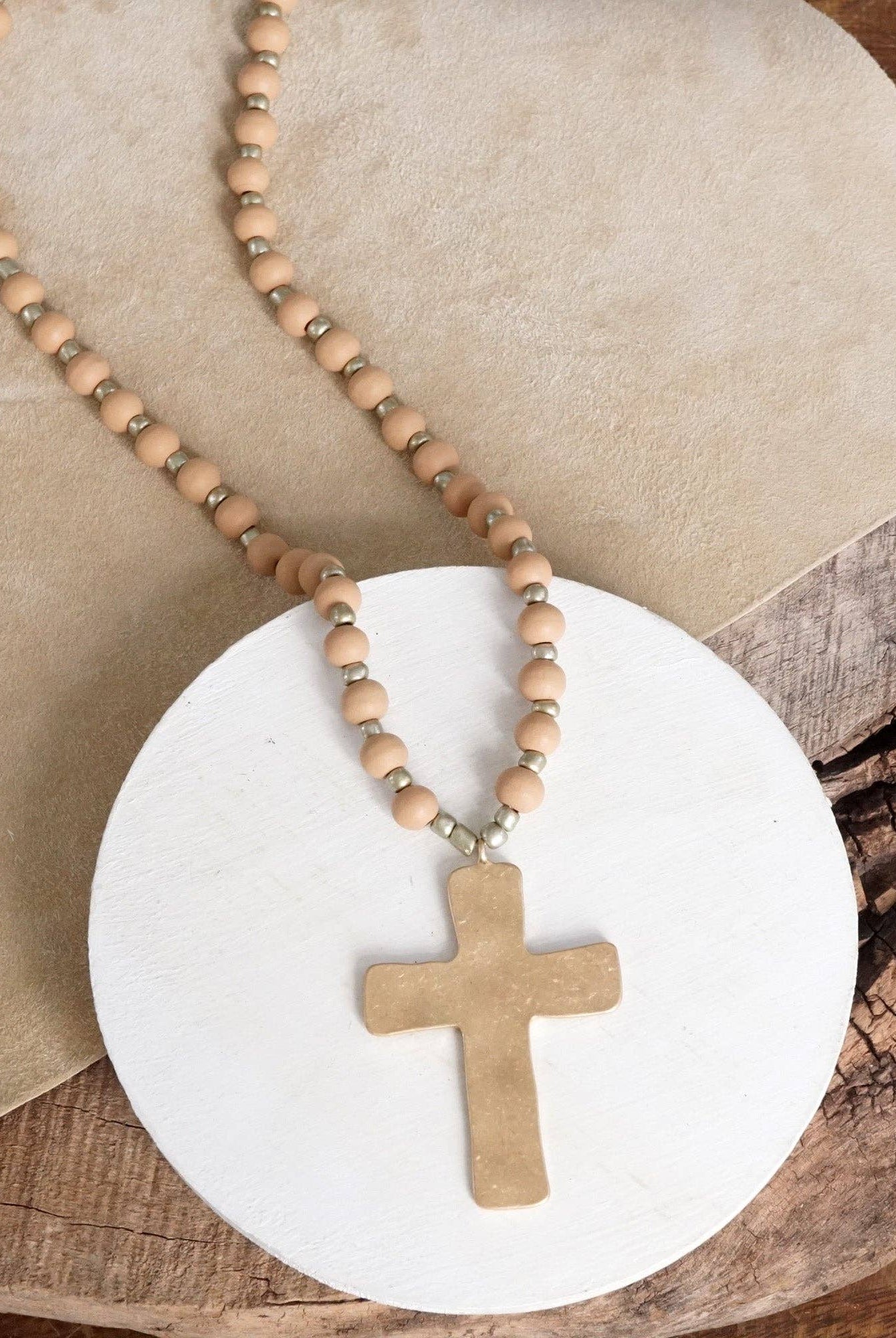 Long Wooden Bead Necklace with Gold Cross-Necklaces-PennyLine inc-Stuffology - Where Vintage Meets Modern, A Boutique for Real Women in Crosbyton, TX