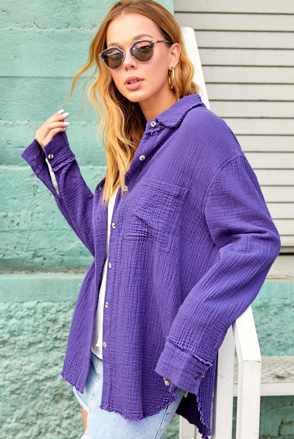 Crinkled Gauze Button Down Shirt-La Miel-Stuffology - Where Vintage Meets Modern, A Boutique for Real Women in Crosbyton, TX