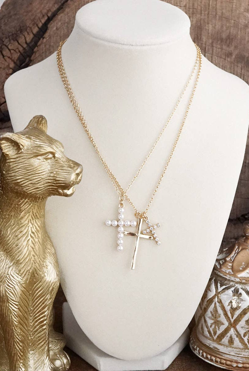 Sacred Layers – Multi Cross Pendant Necklace in Gold Tone-Jewelry-PennyLine inc-Stuffology - Where Vintage Meets Modern, A Boutique for Real Women in Crosbyton, TX