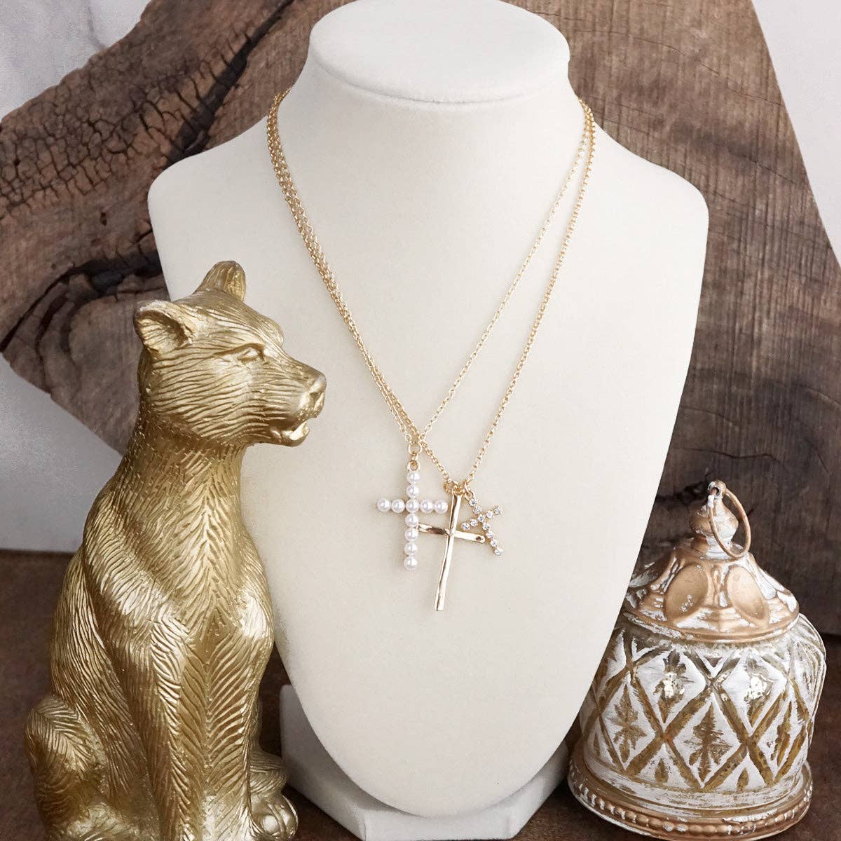 Sacred Layers – Multi Cross Pendant Necklace in Gold Tone-Jewelry-PennyLine inc-Stuffology - Where Vintage Meets Modern, A Boutique for Real Women in Crosbyton, TX