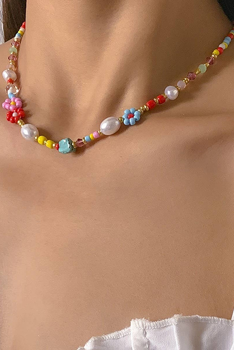 MULTI COLORED FLOWER DAISY PEARL STONE NECKLACE | 40NK9478-Necklaces-JOSSLYN by wall to wall-Stuffology - Where Vintage Meets Modern, A Boutique for Real Women in Crosbyton, TX