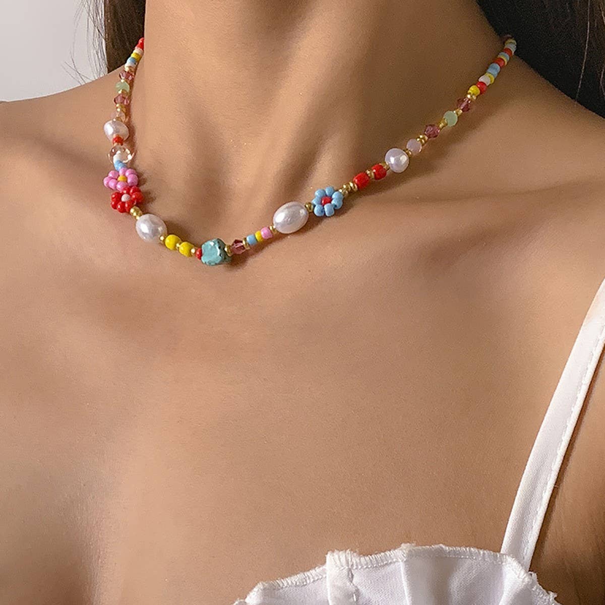 MULTI COLORED FLOWER DAISY PEARL STONE NECKLACE | 40NK9478-Necklaces-JOSSLYN by wall to wall-Stuffology - Where Vintage Meets Modern, A Boutique for Real Women in Crosbyton, TX