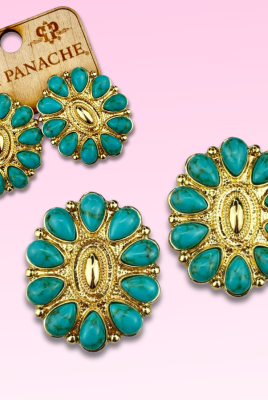 Turquoise and 18k gold dipped concho earring-Earrings-Pink Panache Brands-Stuffology - Where Vintage Meets Modern, A Boutique for Real Women in Crosbyton, TX