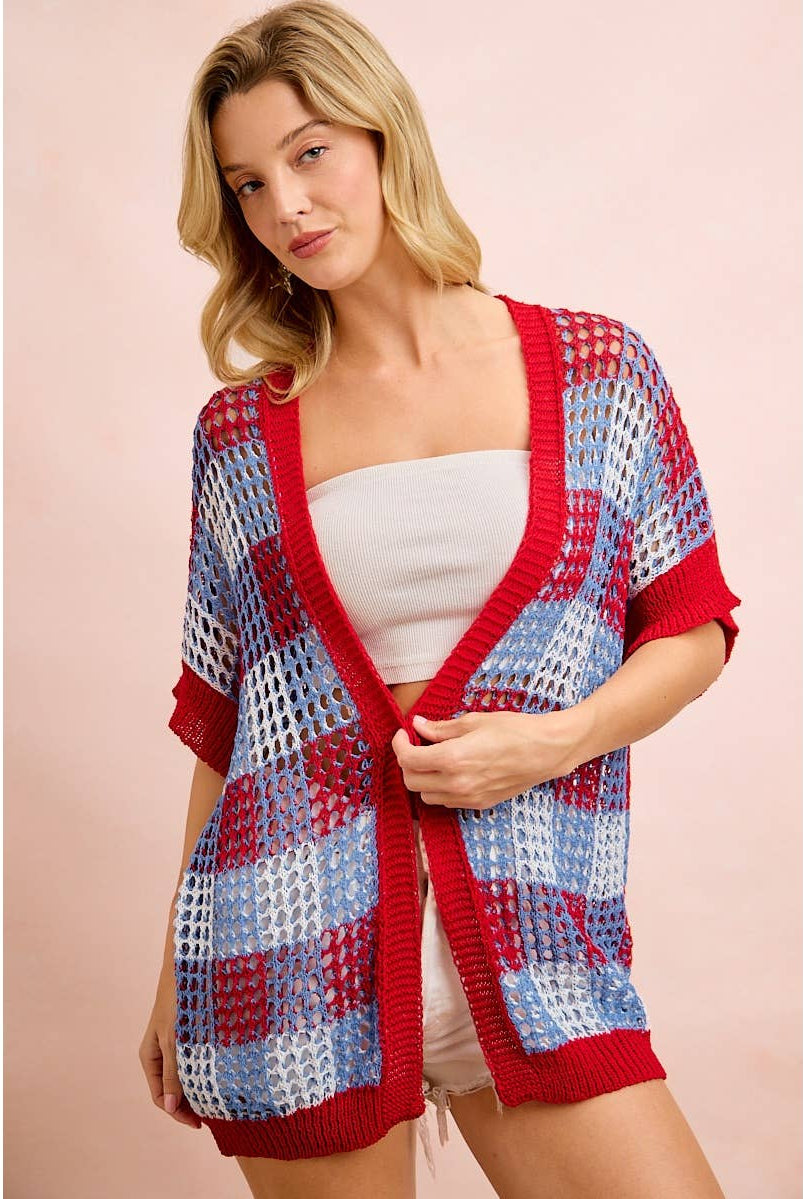 Checker Board Open Knit Cardigan-Cardigan-BiBi-Stuffology - Where Vintage Meets Modern, A Boutique for Real Women in Crosbyton, TX