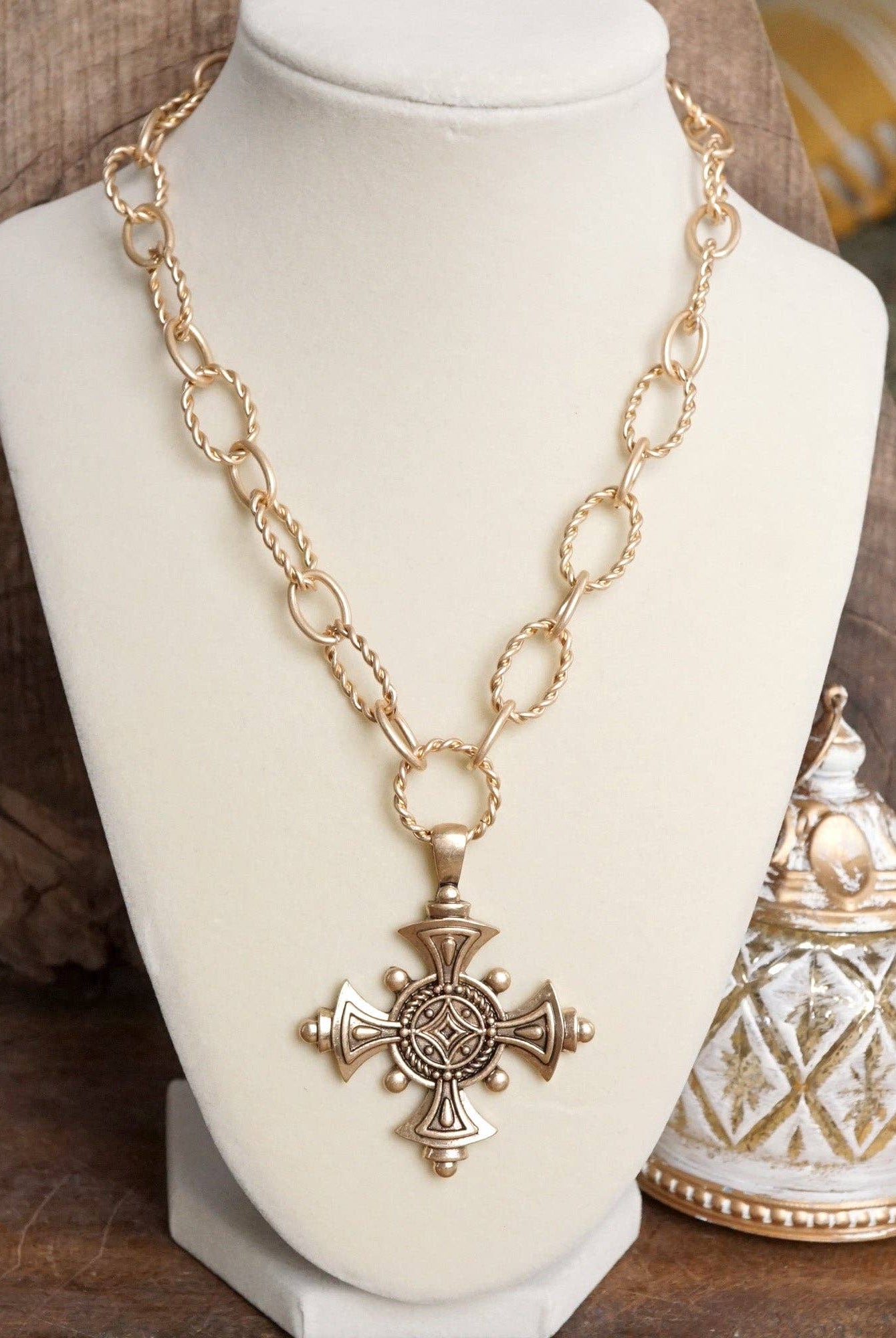 Decorative Cross Statement Necklace – Worn Gold Tone-Necklaces-PennyLine inc-Stuffology - Where Vintage Meets Modern, A Boutique for Real Women in Crosbyton, TX