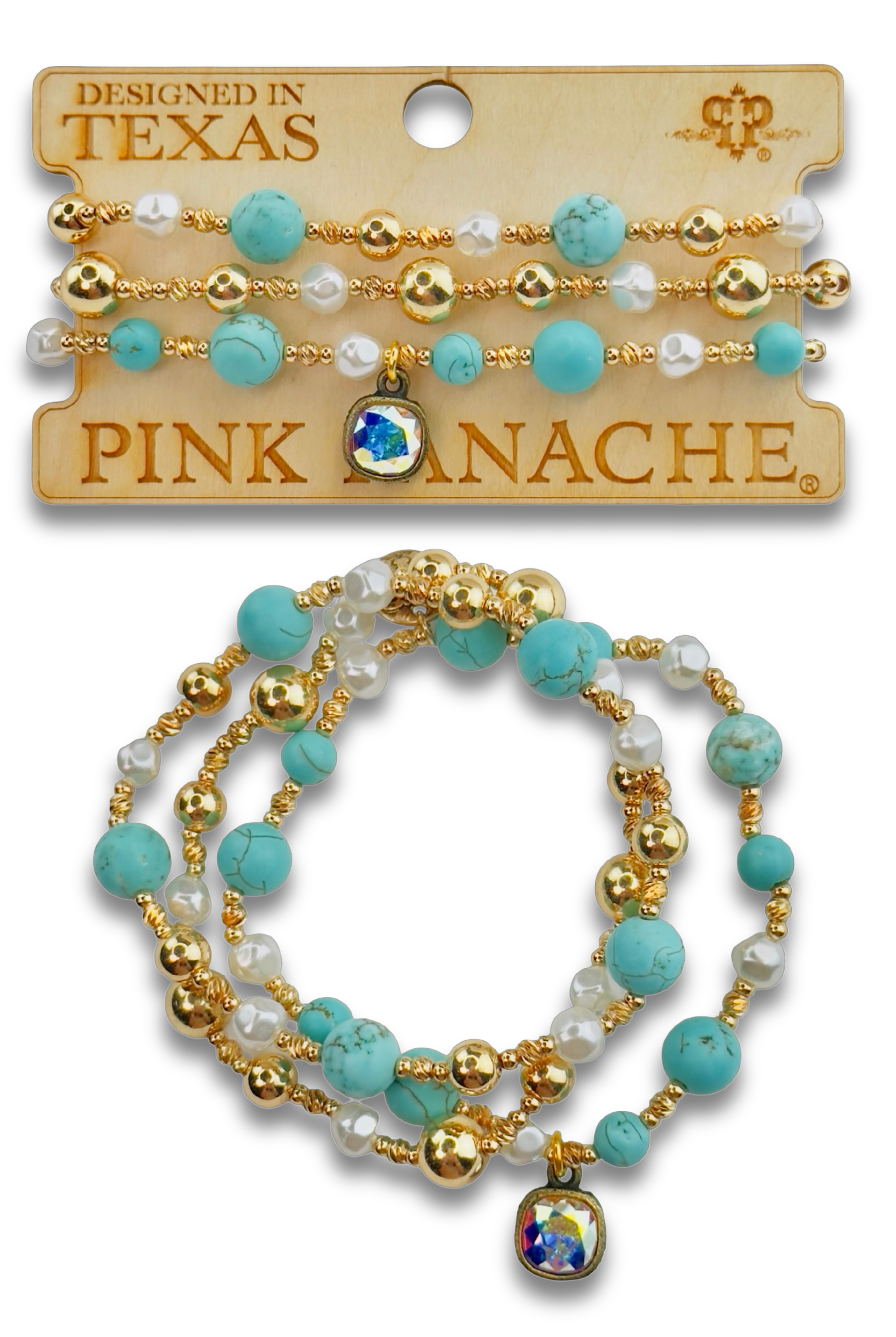Turquoise and gold bracelet with Austrian crystal-Bracelets-Pink Panache Brands-Stuffology - Where Vintage Meets Modern, A Boutique for Real Women in Crosbyton, TX
