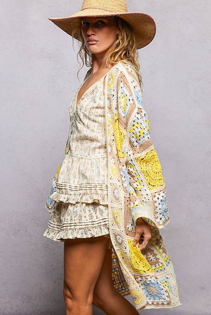 Long Sleeve Granny Square Crochet Open Cardigan-Pol Clothing-Stuffology - Where Vintage Meets Modern, A Boutique for Real Women in Crosbyton, TX