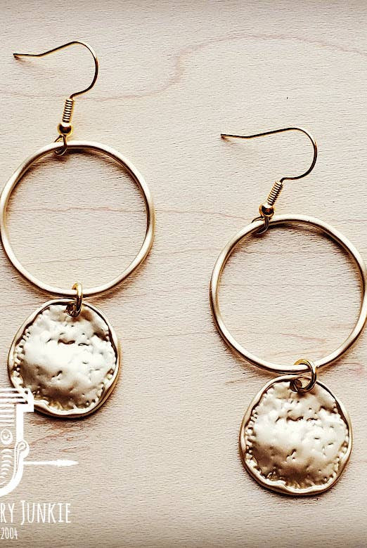 Matte Gold Hoop Earrings with Coin Dangle 203v-The Jewelry Junkie-Stuffology - Where Vintage Meets Modern, A Boutique for Real Women in Crosbyton, TX