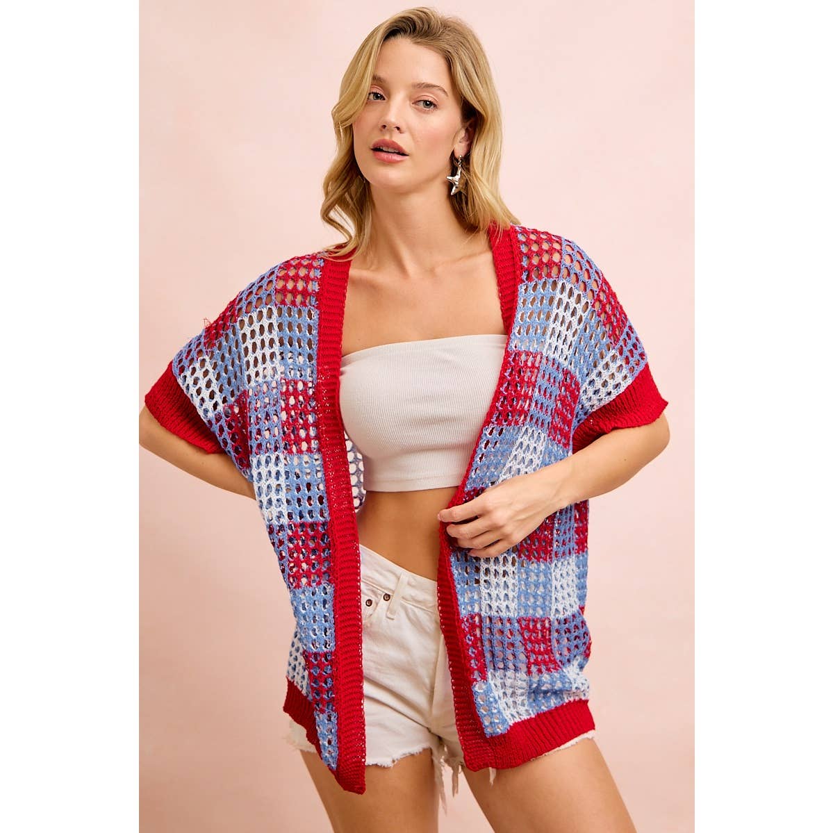 CHECKER BOARD PATTERN OPEN KNIT CARDIGAN-Cardigan-BiBi-Stuffology - Where Vintage Meets Modern, A Boutique for Real Women in Crosbyton, TX