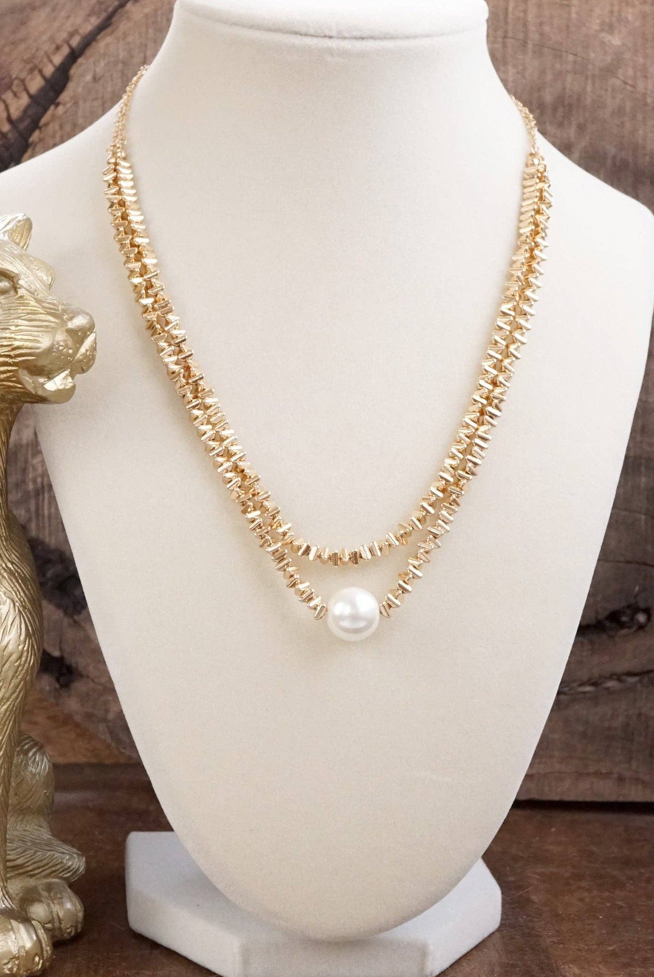 Golden Grace – Double Layer Necklace with Pearl and 3D Beads-Necklaces-PennyLine inc-Stuffology - Where Vintage Meets Modern, A Boutique for Real Women in Crosbyton, TX