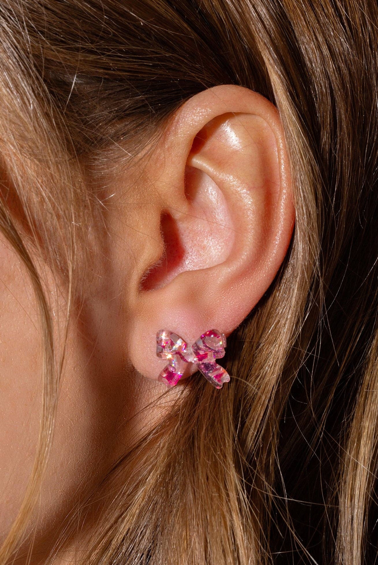 Stud Earrings - Acrylic Ribbon Bows - Pink + Silver Confetti-Earrings-Taylor Elliott Designs-Stuffology - Where Vintage Meets Modern, A Boutique for Real Women in Crosbyton, TX