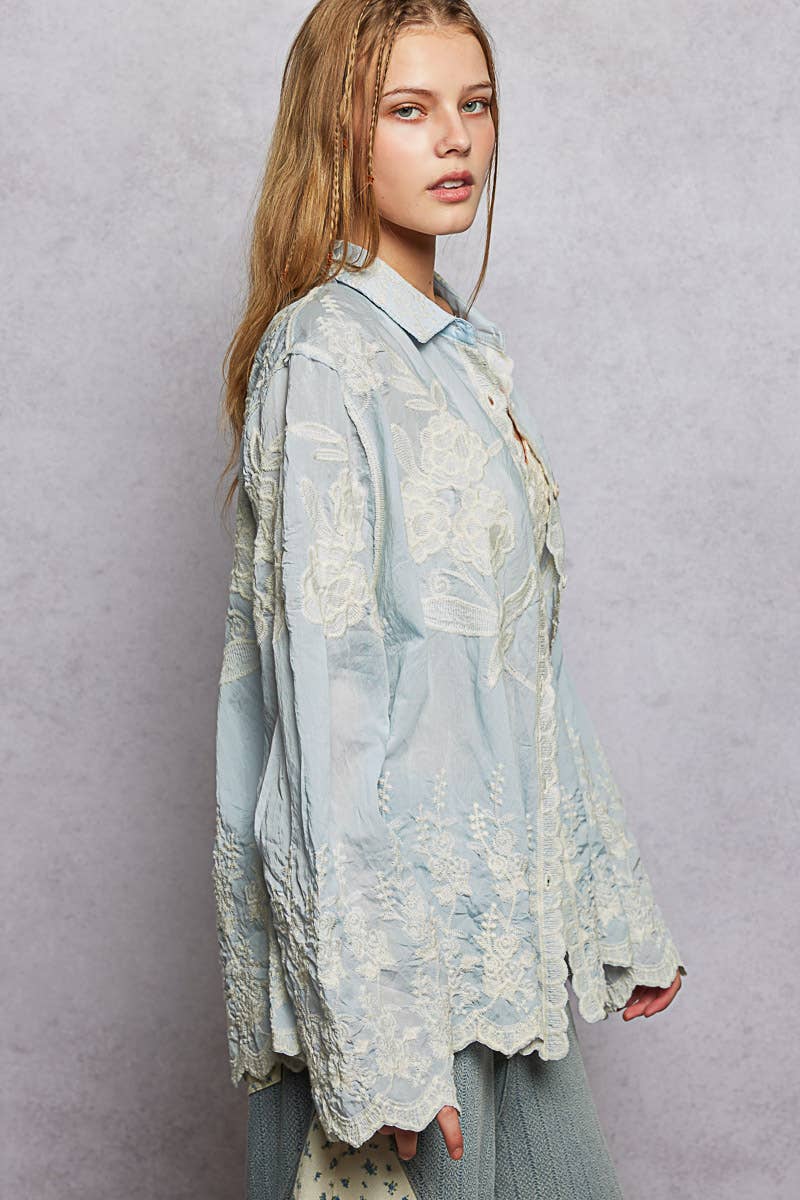 Long Sleeve Embroidered Scalloped Edge Shirt Top-Pol Clothing-Stuffology - Where Vintage Meets Modern, A Boutique for Real Women in Crosbyton, TX