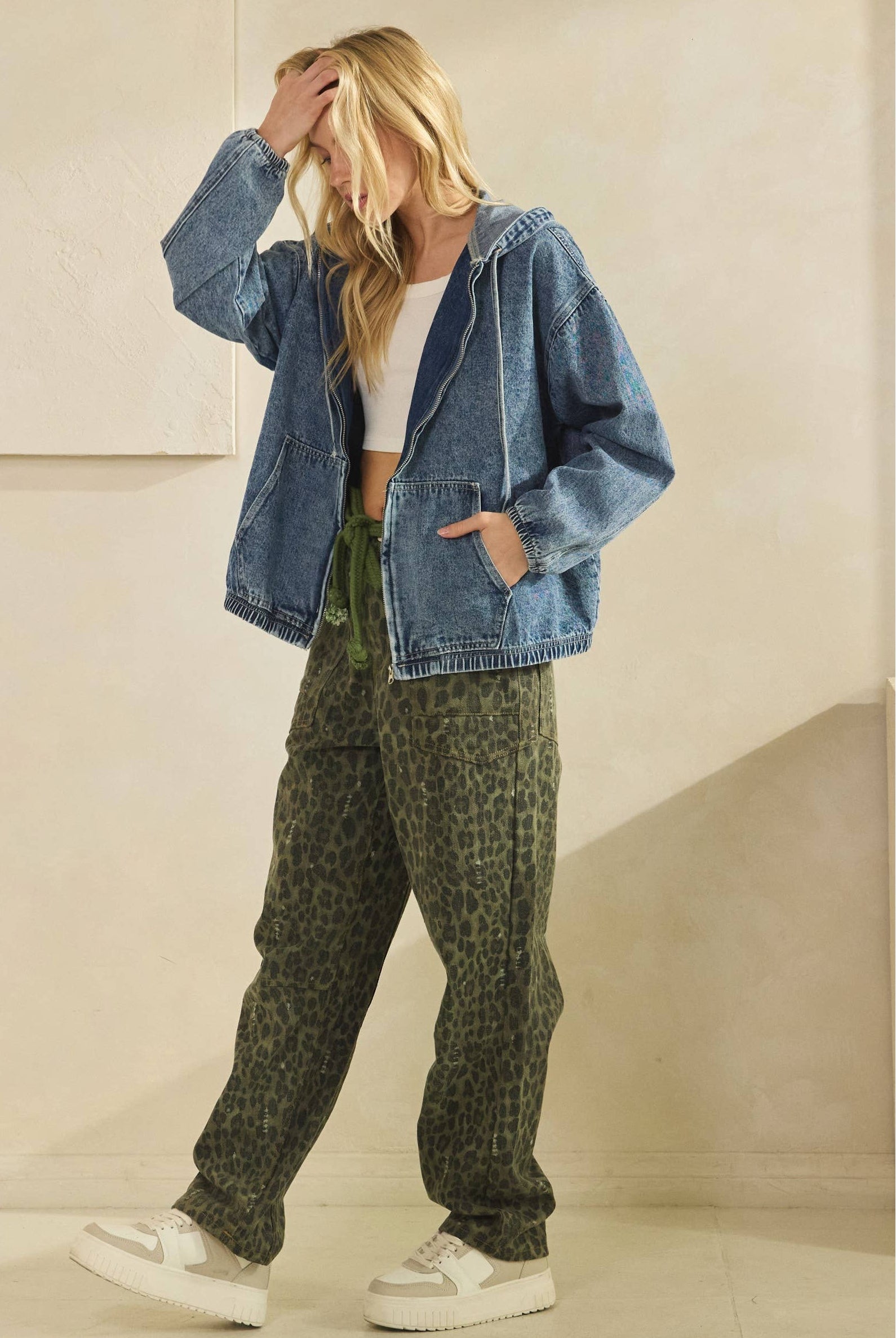 VINTAGE WASH DENIM ZIP-UP HOODIE JACKET-Denim Jacket-Sage + Fig-Stuffology - Where Vintage Meets Modern, A Boutique for Real Women in Crosbyton, TX