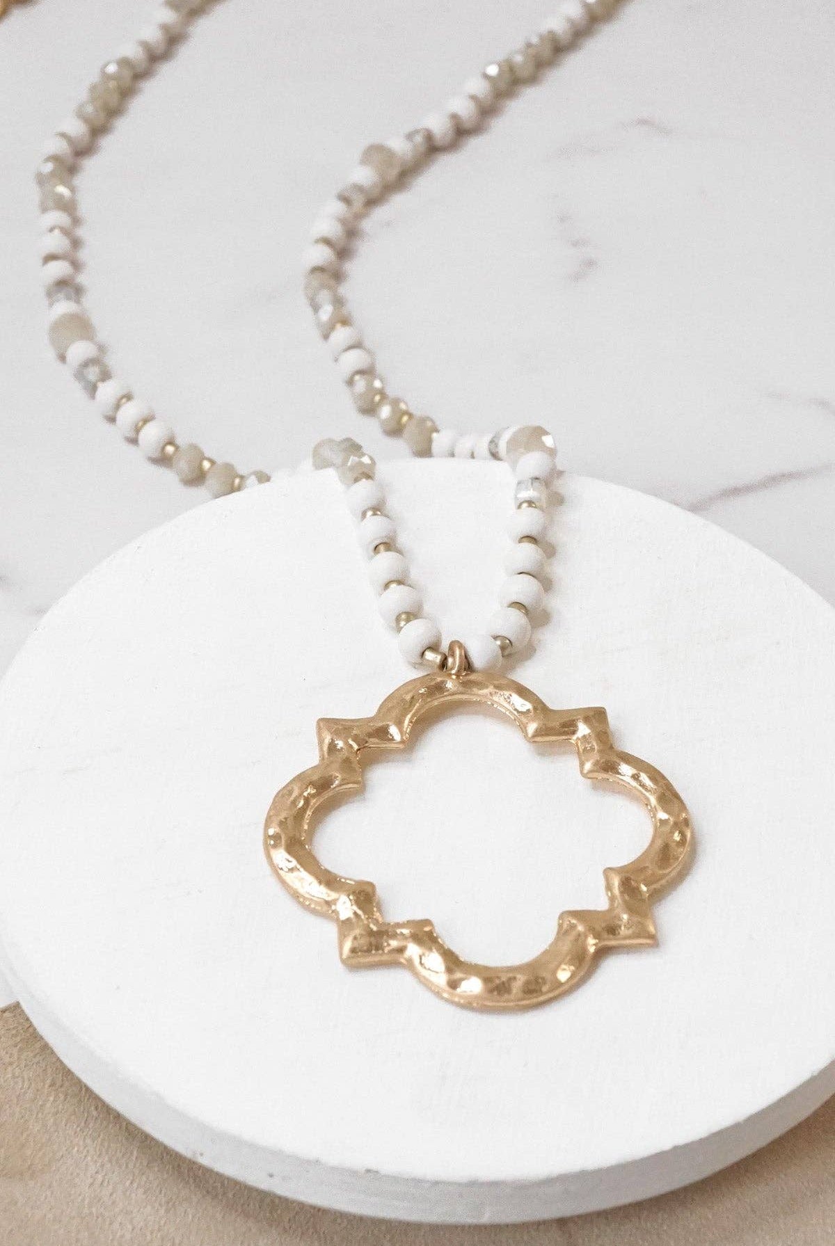Long Wooden Bead Necklace with Clover Quatrefoil gold pendant - Ivory Cream-PennyLine inc-Stuffology - Where Vintage Meets Modern, A Boutique for Real Women in Crosbyton, TX
