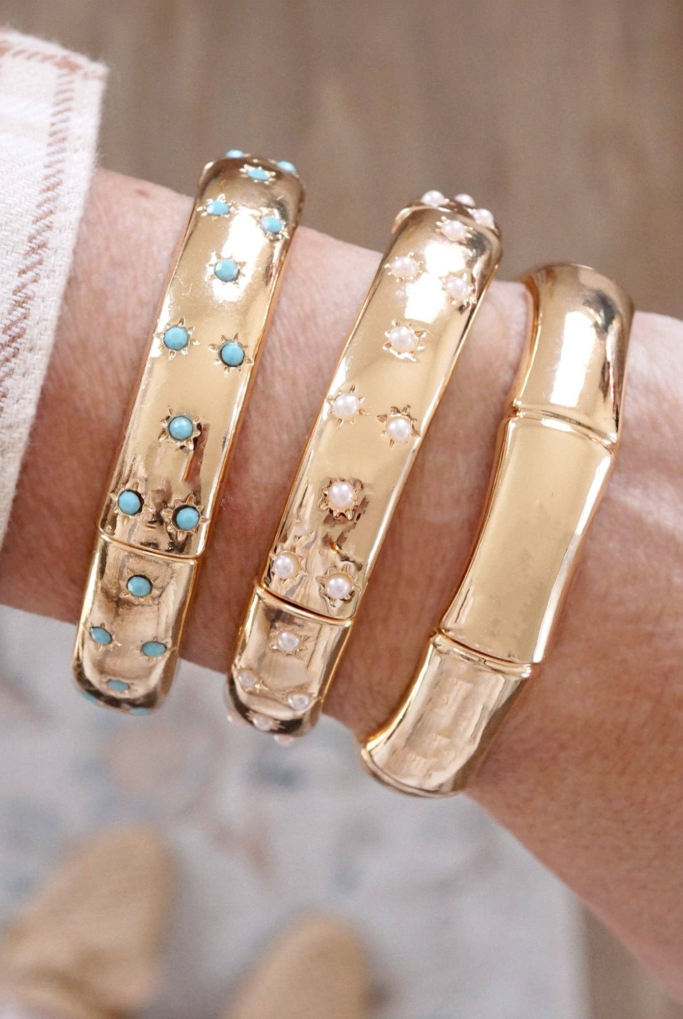 Gold-Tone Eternity Stretch Bangle – Pearls, Turquoise, or Crystals-Bracelets-PennyLine inc-Stuffology - Where Vintage Meets Modern, A Boutique for Real Women in Crosbyton, TX