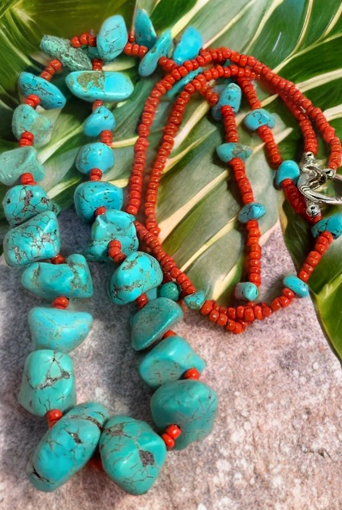 Turquoise red seed bead necklace Native American handmade-Necklaces-Horse Spirit Studio-Stuffology - Where Vintage Meets Modern, A Boutique for Real Women in Crosbyton, TX