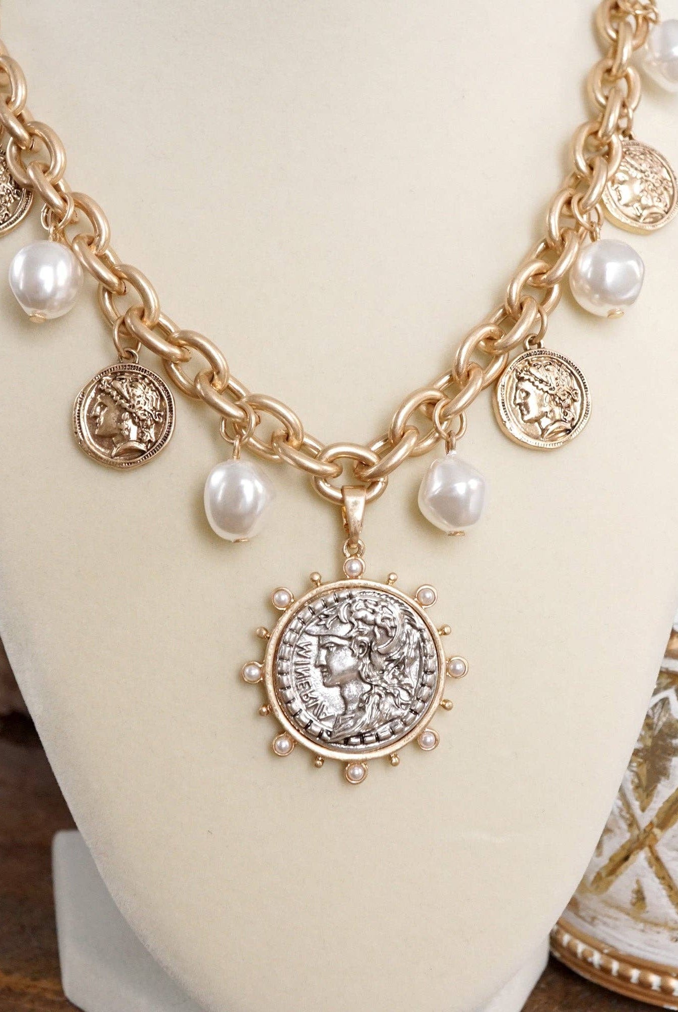 Boho Coin and Pearl Charms Statement Necklace – Gold and Silver Tone-PennyLine inc-Stuffology - Where Vintage Meets Modern, A Boutique for Real Women in Crosbyton, TX