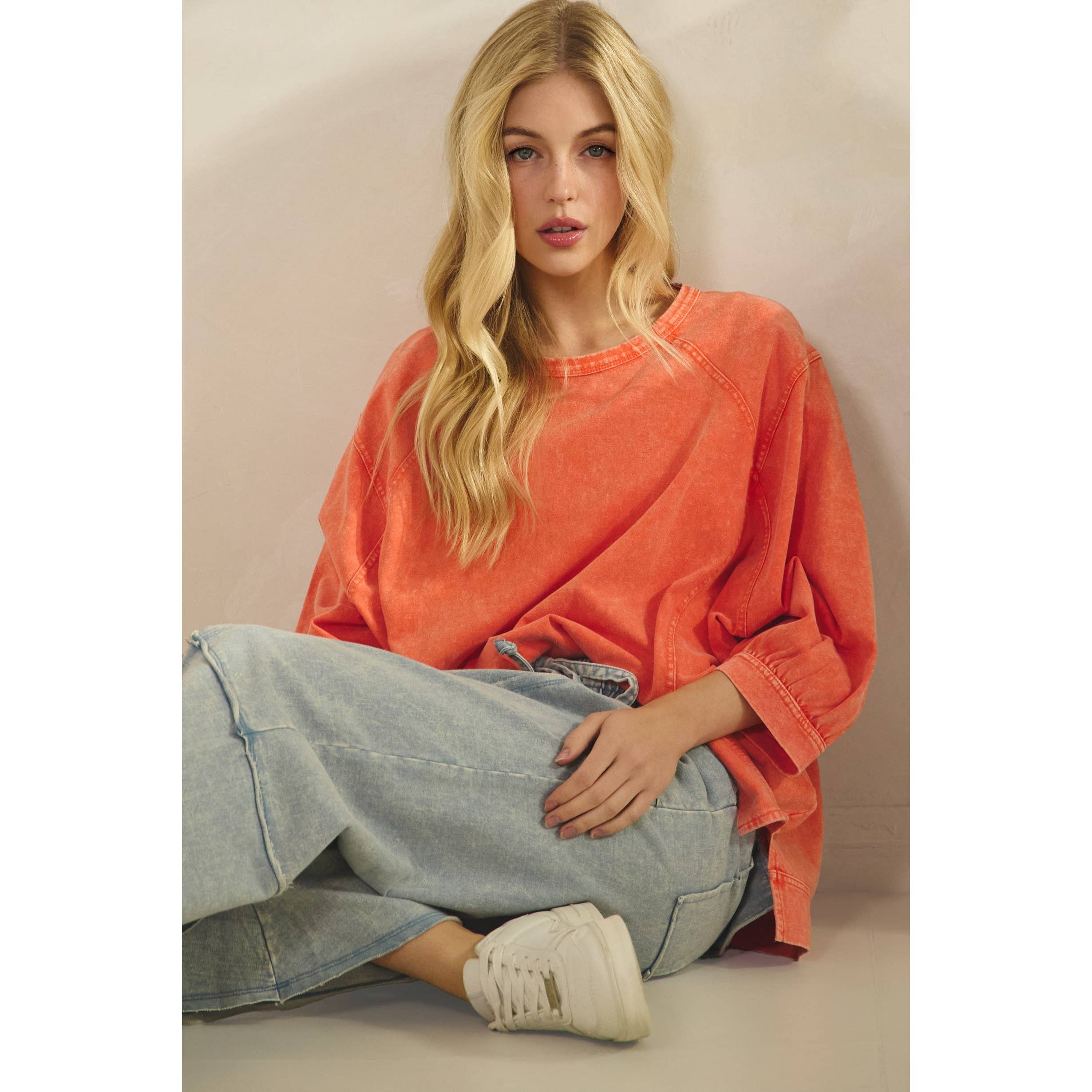 MINERAL WASH OVERSIZE PUFF-SLEEVE PULLOVER TEE-TOP-Sage + Fig-Stuffology - Where Vintage Meets Modern, A Boutique for Real Women in Crosbyton, TX