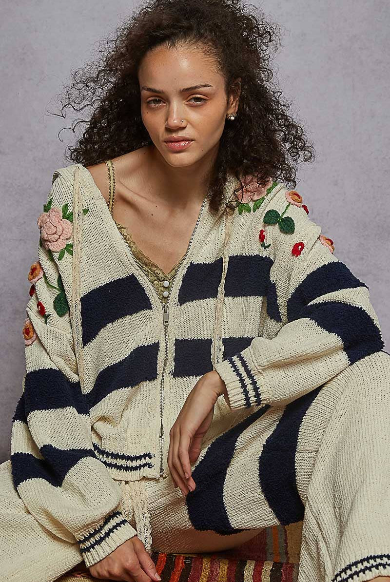 POL Clothing - Striped pattern 3D embroidered hoodie zip-up sweater top-Pol Clothing-Stuffology - Where Vintage Meets Modern, A Boutique for Real Women in Crosbyton, TX