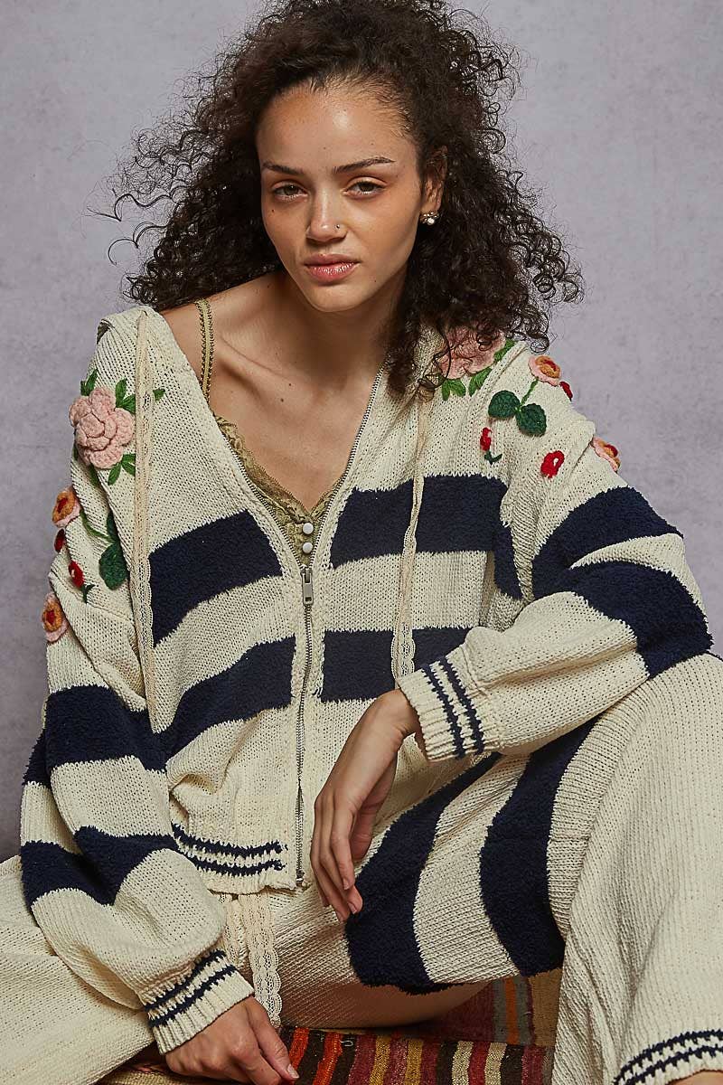 POL Clothing - Striped pattern 3D embroidered hoodie zip-up sweater top-Pol Clothing-Stuffology - Where Vintage Meets Modern, A Boutique for Real Women in Crosbyton, TX